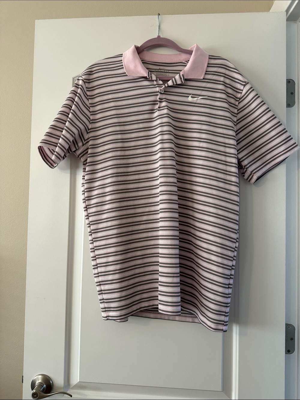 Nike Men’s Light Pink and Gray Striped Polo